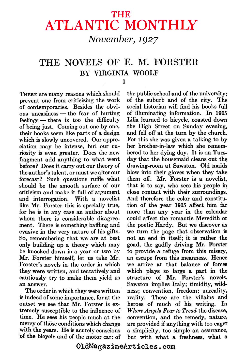 Virginia Woolf Reviews E.M. Forster (Atlantic Monthly, 1927)